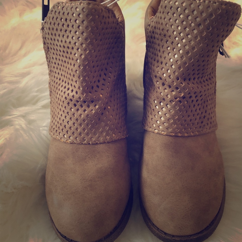 Tan and gold bootie ankle boot